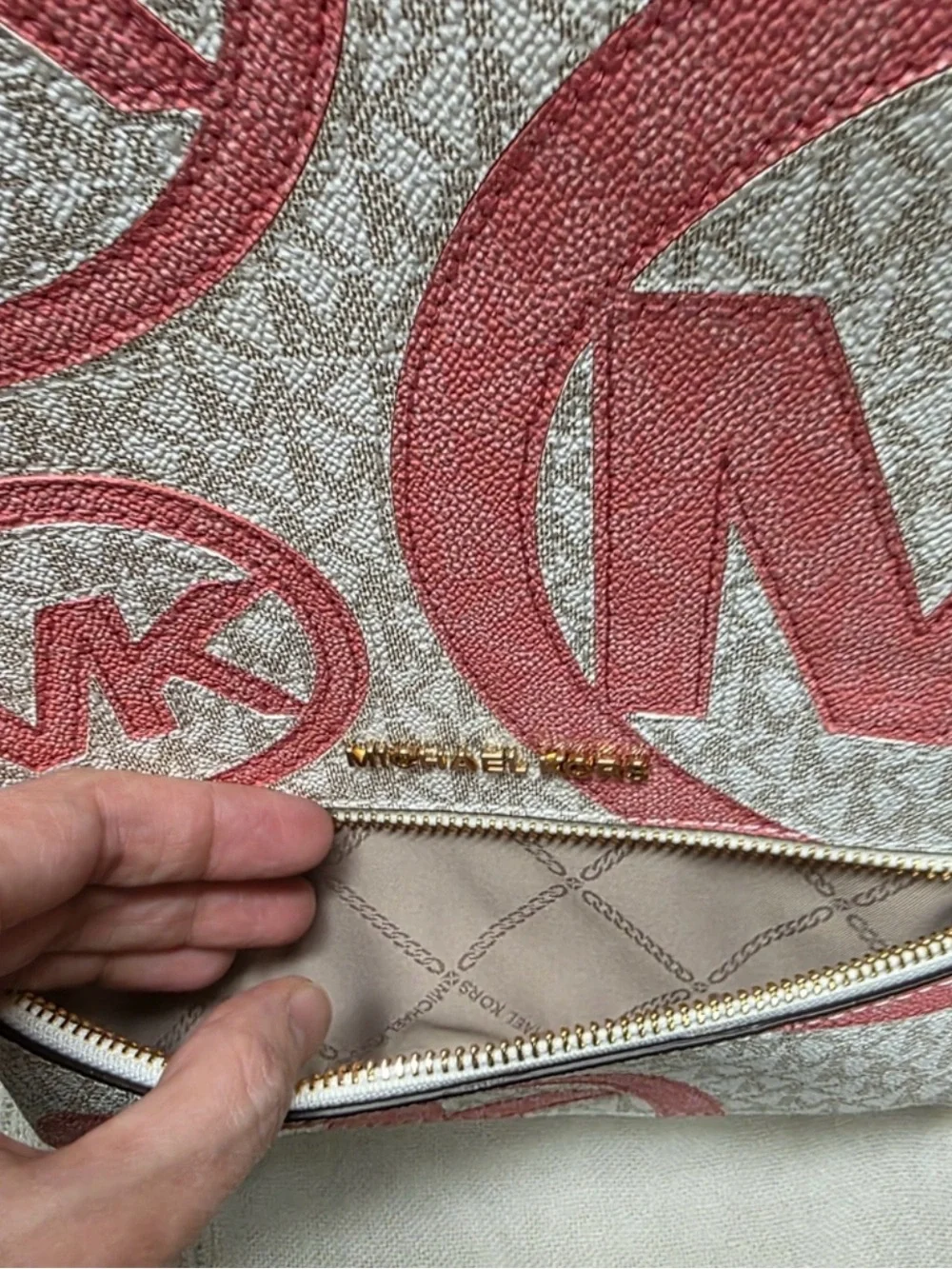 Michael Kors White & Pink MK Logo Backpack